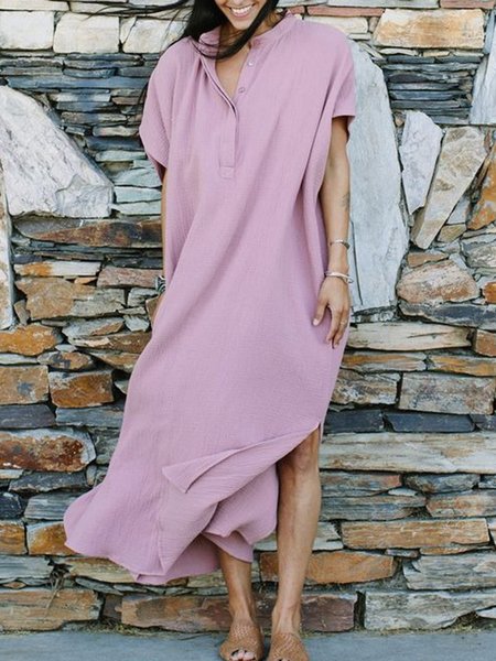 

Casual Solid Stand Collar Short Sleeve Loosen Dress, As picture, Maxi Dresses