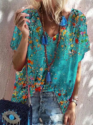 

Loosen Vacation V Neck Short sleeve tops, Blue, T-Shirts