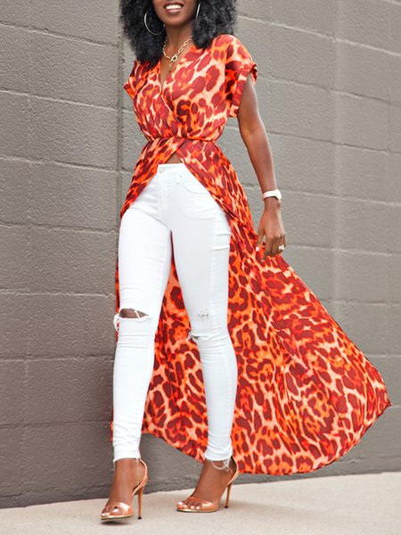 

Short Sleeve Fashion V Neck Leopard Top, Orange red, Tops