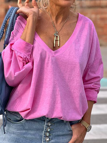 

V Neck Casual Long Sleeve T-shirt, Dark pink, T-Shirts