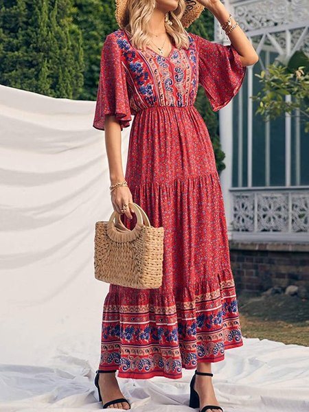 

vacation Floral v neck Short Sleeve women maxi Dress, Multicolor, Dresses