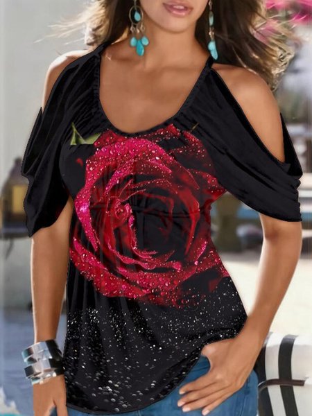 

Floral Casual Regular Fit Short Sleeve Tops, Black, T-Shirts