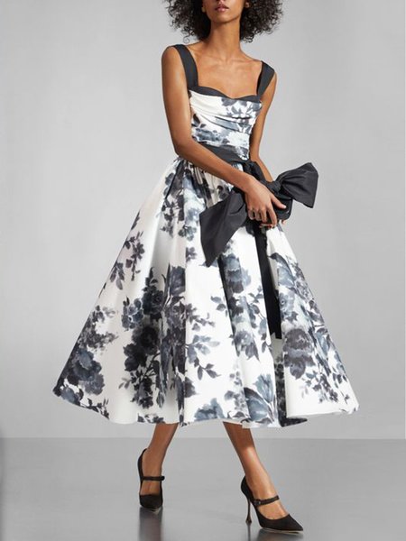 

Square Neck Floral Short Sleeve Woven Dress, White, Maxi Dresses