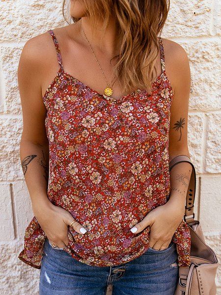 

Summer Casual Floral Printed Woven Spaghetti Tank Vest, Red, Tanks & Camis