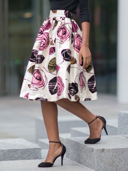 

Elegant Regular Fit Floral Umbrella Skirt, Multicolor, Midi Skirts