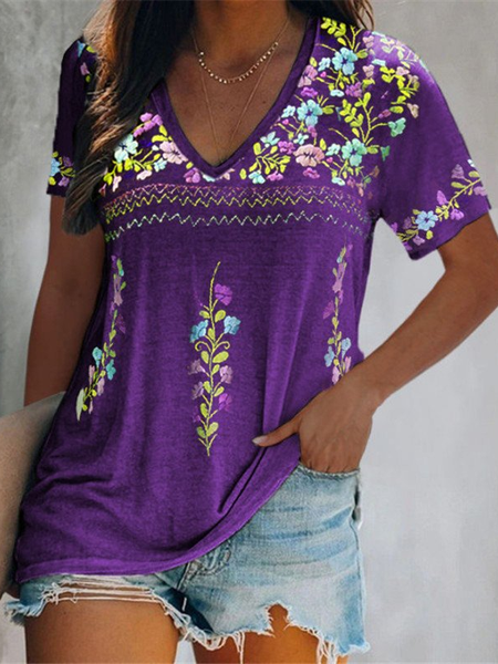 

Floral V neck Casual Short sleeve Shirts & Tops, Purple, T-Shirts