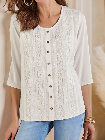 

Loosen Crew Neck Casual lace Mid Sleeve Blouse, White, Blouses & Shirts