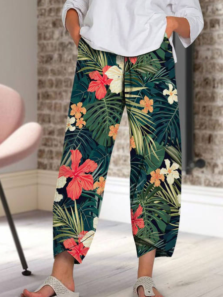

Floral Cotton Blends Casual Pants, Green, Pants