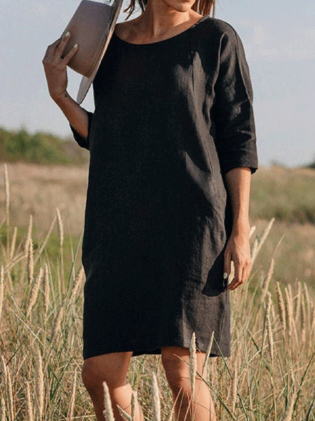 

Cotton Linen Loose Casual Knee-Length Long Sleeve Dress, Black, Mini Dresses
