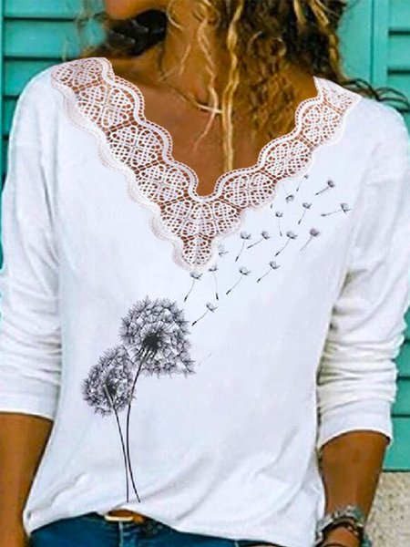 

Dandelion Printed Loosen Casual Long Sleeve V Neck T-Shirt, White, T-Shirts