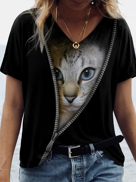 

V neck Cat Loosen Casual Short Sleeve T-shirt, Black, T-Shirts