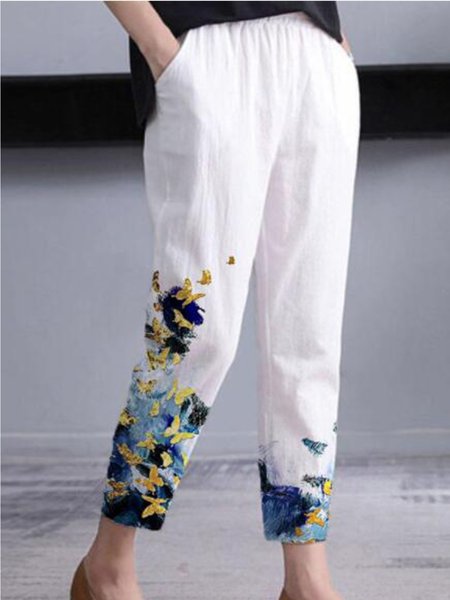 

Casual Loosen Floral Cropped Pants, White, Pants