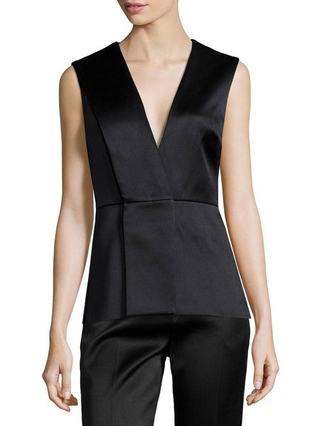 

Sleeveless Regular fit Solid Simple V neck Top, Black, Tunics