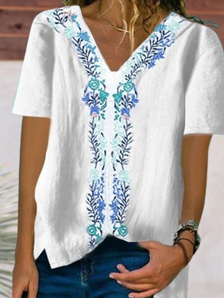 

V Neck Tribal Vacation Short Sleeve Blouse, White, Shirts & Blouses