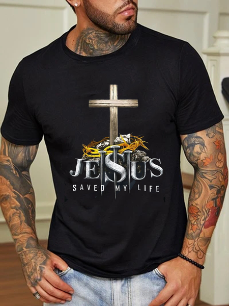 

Easter Cross Letter Print Short Sleeve T-Shirt, Black, Men's t-shirts