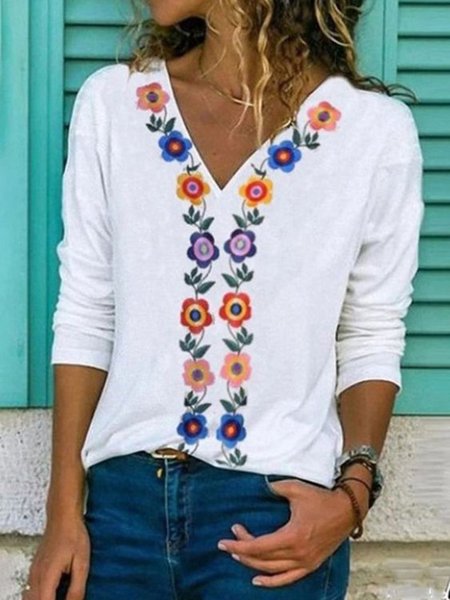 

Long sleeve Floral V Neck Casual Long Sleeve T-shirt, White, T-Shirts