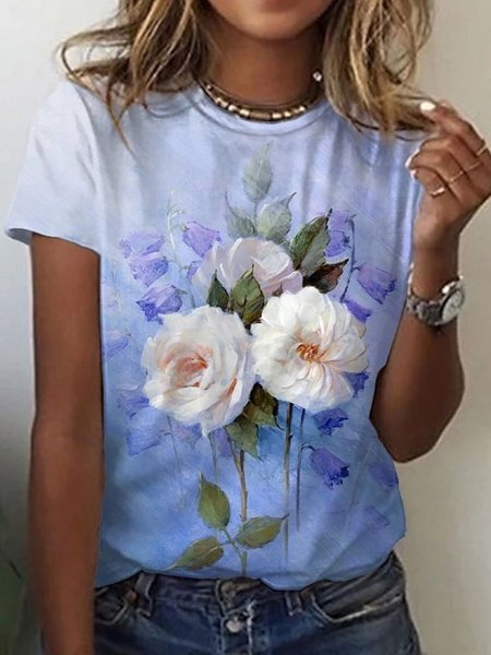 

Floral Short Sleeves Crew Neck Plus Size Casual Tops, Blue, T-Shirts