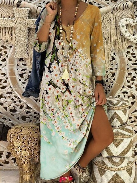 

Vacation Floral Ombre Painted Printed Loosen V Neck Long Sleeve Long Knit Dress, Flower, Maxi Dresses