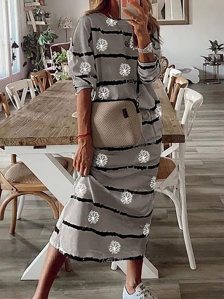 

Casual Cotton Blends Striped Dandelion Loosen Long Sleeves Maxi Long sleeve Knit Dress, Light gray, Maxi Dresses