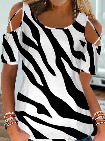 

Zebra Casual Animal Loosen Cross Short Sleeve T-Shirt, Black-white, T-Shirts