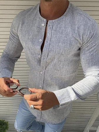 

Solid Color Casual Cotton Linen Long Sleeve Shirt, Gray, Shirt