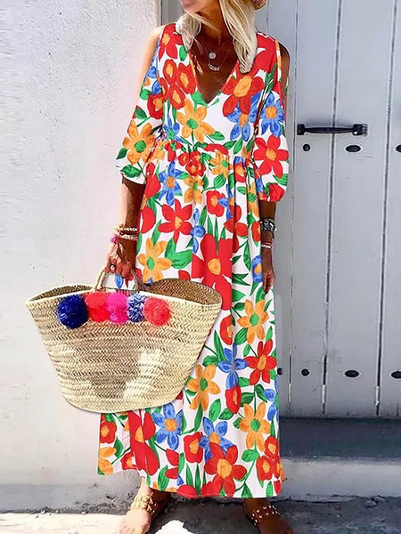 

Plus size Floral Printed Boho Long sleeve Woven Dress, Multicolor, Maxi Dresses