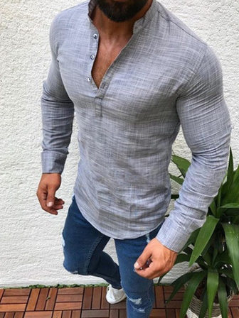 

Solid Color Casual Cotton Linen Print Stand Collar Long Sleeve Shirt, Gray, Shirt
