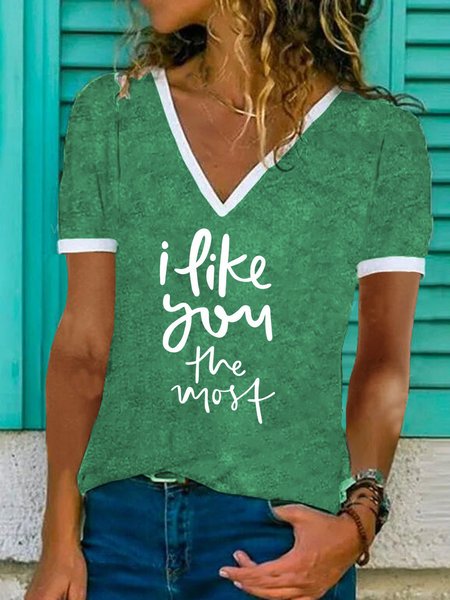 

Casual Letter Printed V Neck Cotton Blends Short Sleeve T-Shirt, Light_green, T-Shirts