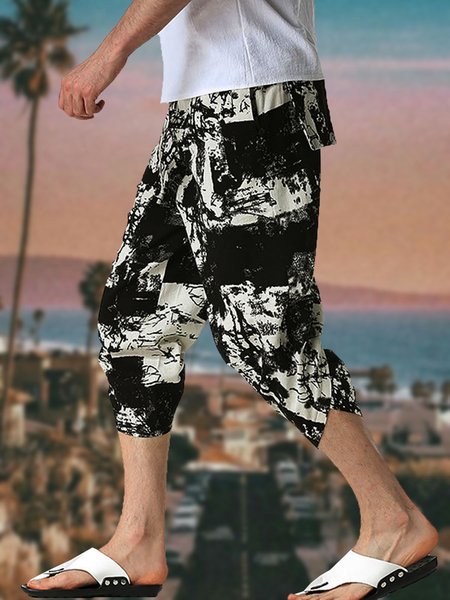 

Cotton And Linen Striped Harem Wide Leg 7 Points Pants Men's, Shorts
