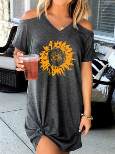 V Neck Casual Loosen Short Sleeve Knit Dress, Gray, Dresses