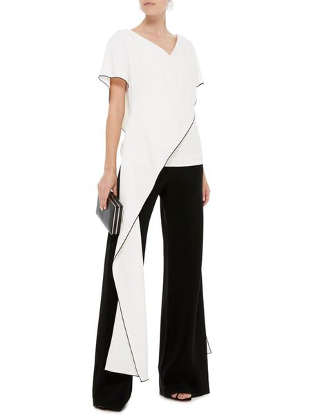 

Simple Elegant Color Block Short Sleeve Top, White, Tops