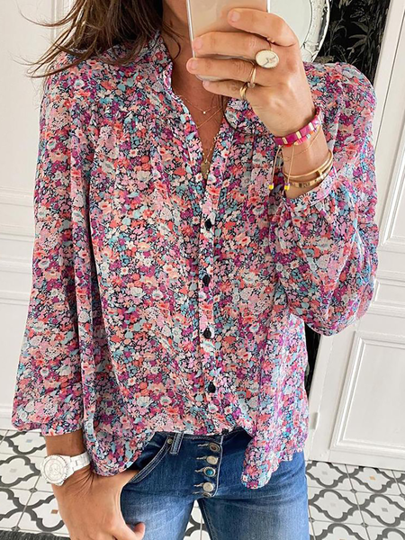 

Plus size Floral V Neck Long Sleeve Blouse, As picture, Blouses & Shirts