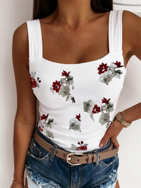 

Floral Sleeveless Casual Knit Tank, White, Tank Top