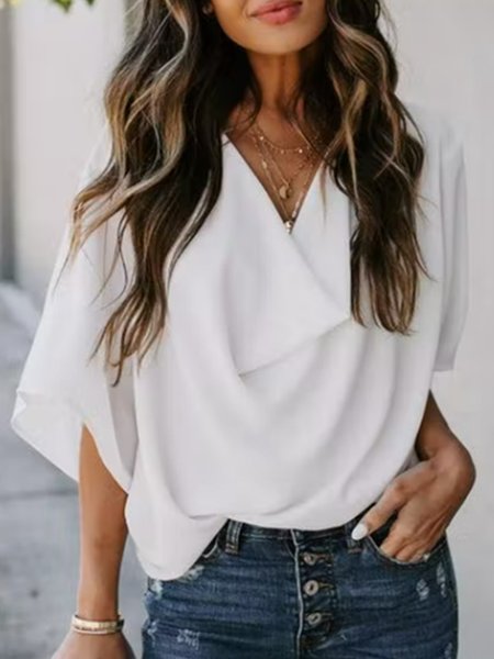 

Solid Cowl Neck Casual Mid Sleeve Blouse, White, Blouses & Shirts