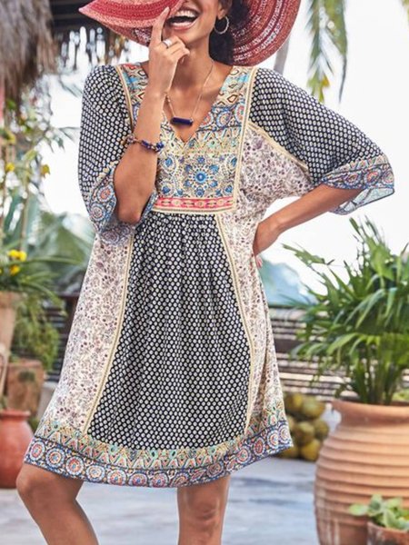 

V Neck Floral Regular Fit Long sleeve Woven Dress, Multicolor, Mini Dresses