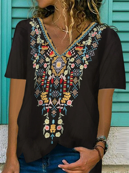 

Short sleeve V neck Floral Loosen Casual Short Sleeve T-shirt, Black, T-Shirts