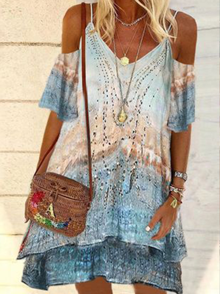 

Daily beach vacation loose a fake two-piece dress middle skirt Plus Size, Blue, Dresses