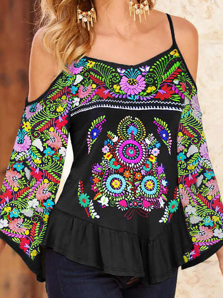 

Plus size Cold Shoulder Casual Floral Long Sleeve T-shirt, Black, T-Shirts