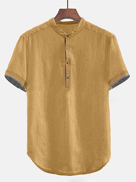 

Men's Cotton Linen Contrast Color Stand Collar Open Short Sleeve Shirt, Yellow, Shirts ＆ Blouse