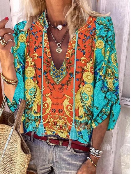 

Tribal Floral Boho Loosen V Neck Long Sleeve Tops, Flower, Tops