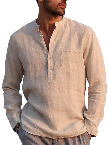

Solid Color Casual Cotton Linen Long Sleeve Shirt, Khaki, Shirt