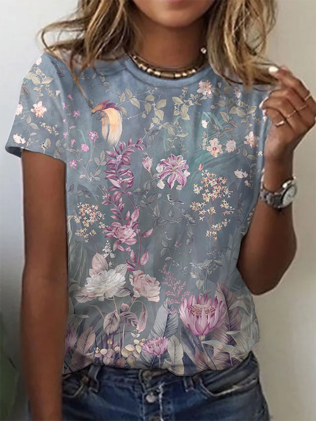 

Floral Crew Neck Casual Short Sleeve T-Shirt, Gray, T-Shirts