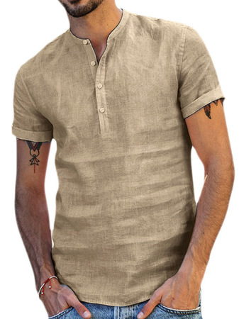 

Solid Color Casual Cotton Linen Short Sleeve Shirt, Khaki, Shirt