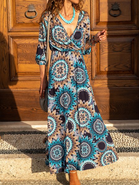 

Trible Vacation Bishop Sleeve V Neck Long Sleeve Maxi Dress, Blue, Maxi Dresses