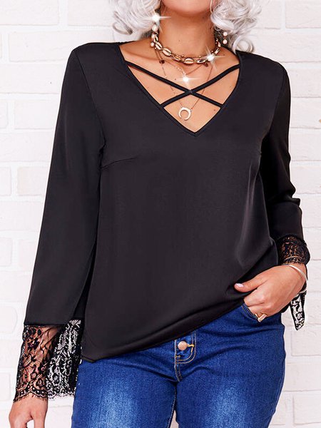

Crew Neck Solid Loosen Long Sleeve Tops, Black, Long sleeve tops