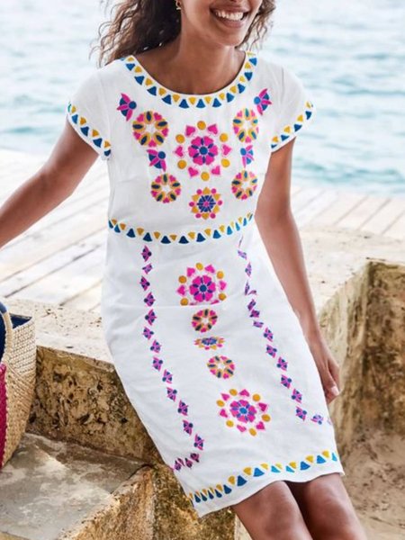 

Boho Floral Cotton Blends Short Sleeve Knit Dress, White, Mini Dresses