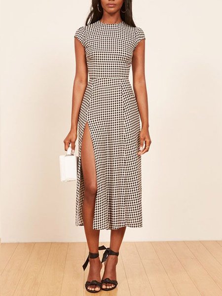 

Round Neck Grid Short Sleeve Woven Dress, Black-white, Midi Dresses