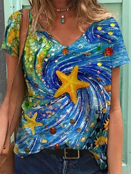

V Neck Casual Ombre Short Sleeve T-shirt, Multicolor, Tops