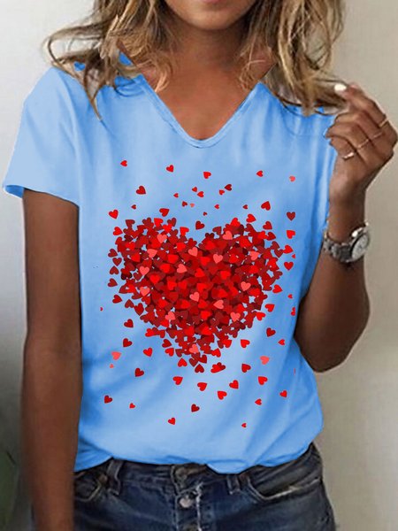 

Love V Neck Casual Loosen Short Sleeve T-shirt, Blue, T-shirts