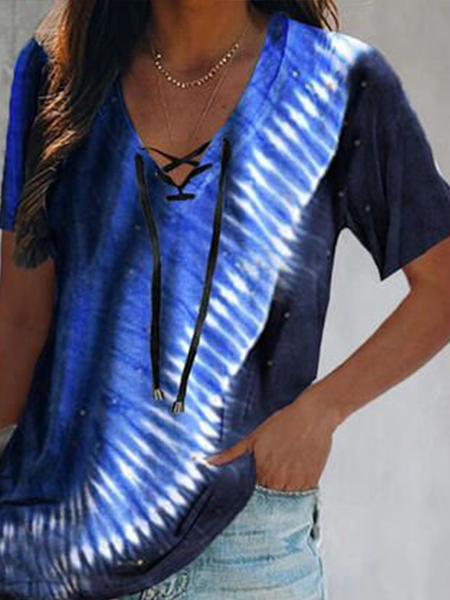 Geometric gradient pad dyed V-neck lace up loose top T-shirt Plus Size, Navyblue, T-Shirts
